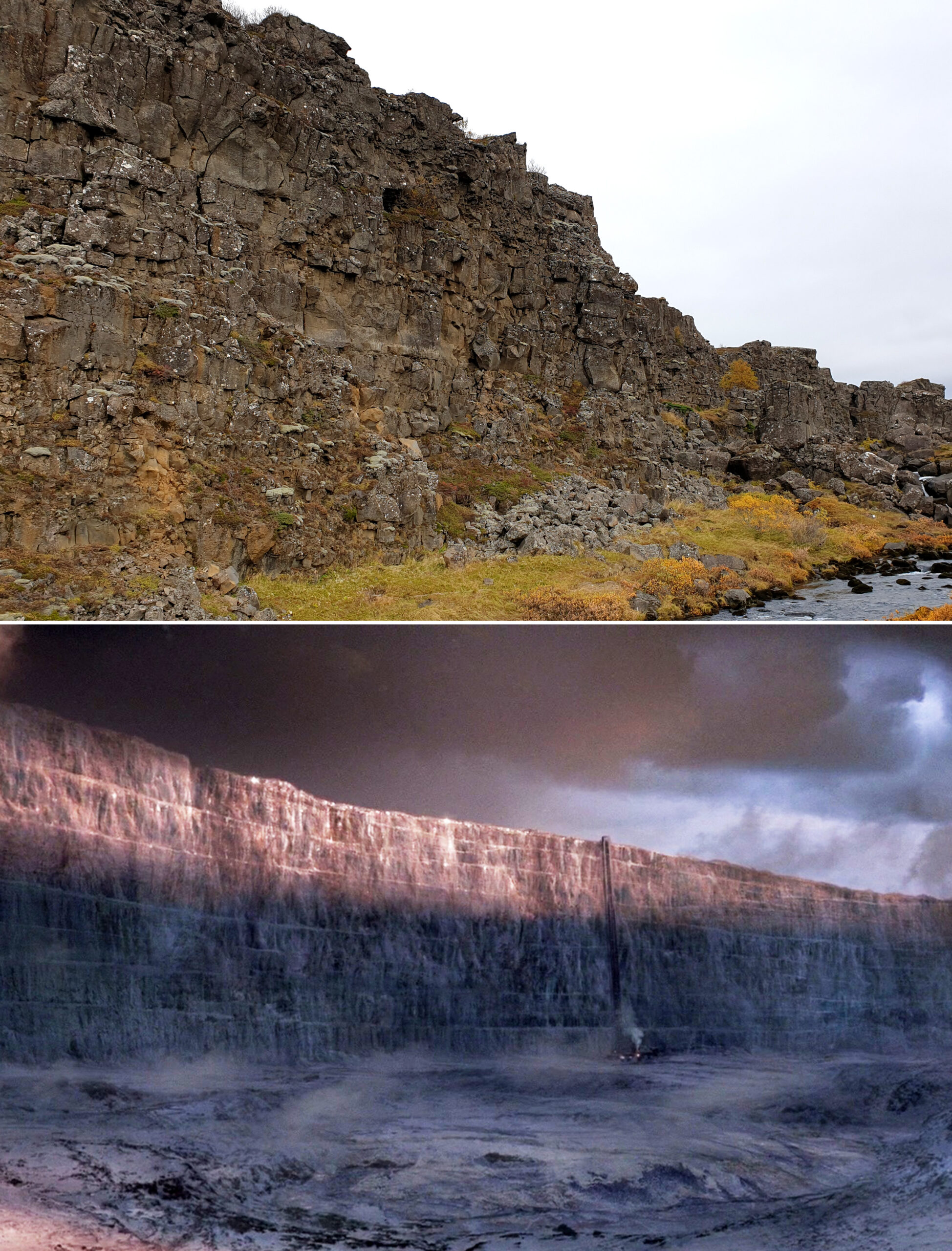 Nella foto si vede una parete di Roccia nel parco di thingvellir, sovrapposta ad una immagina nella Barriera di Game of Thrones