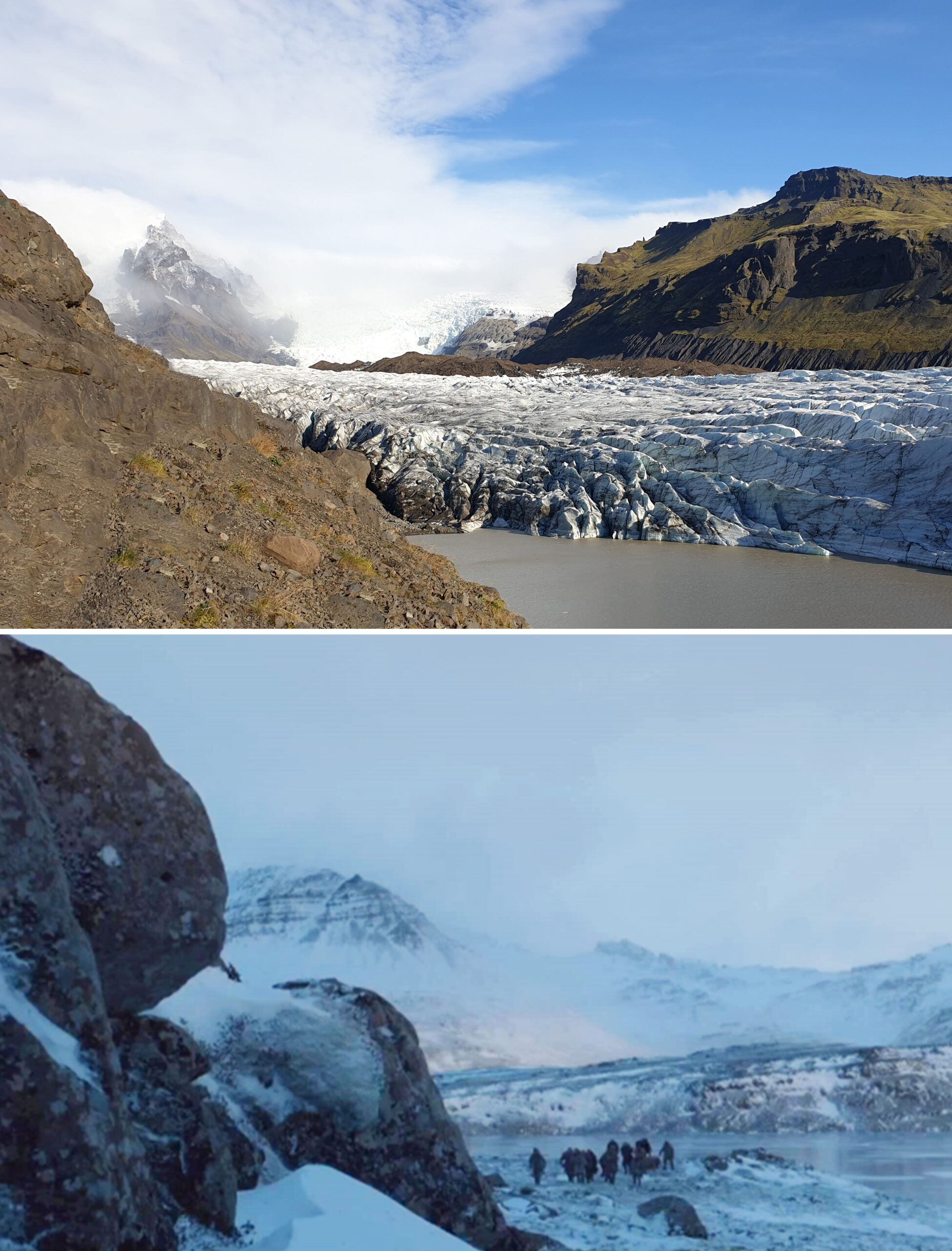 Una foto di una lingua del ghiacciaio Vatnajokull in Islanda, dove sono state girate le scene al di là della barriera nel Trono di Spade