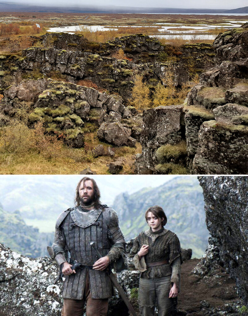 In foto si vede una panoramica del parco di thingvellir, dove hanno girato alcune scene del trono di spade con i personaggi di Arya e il Mastino