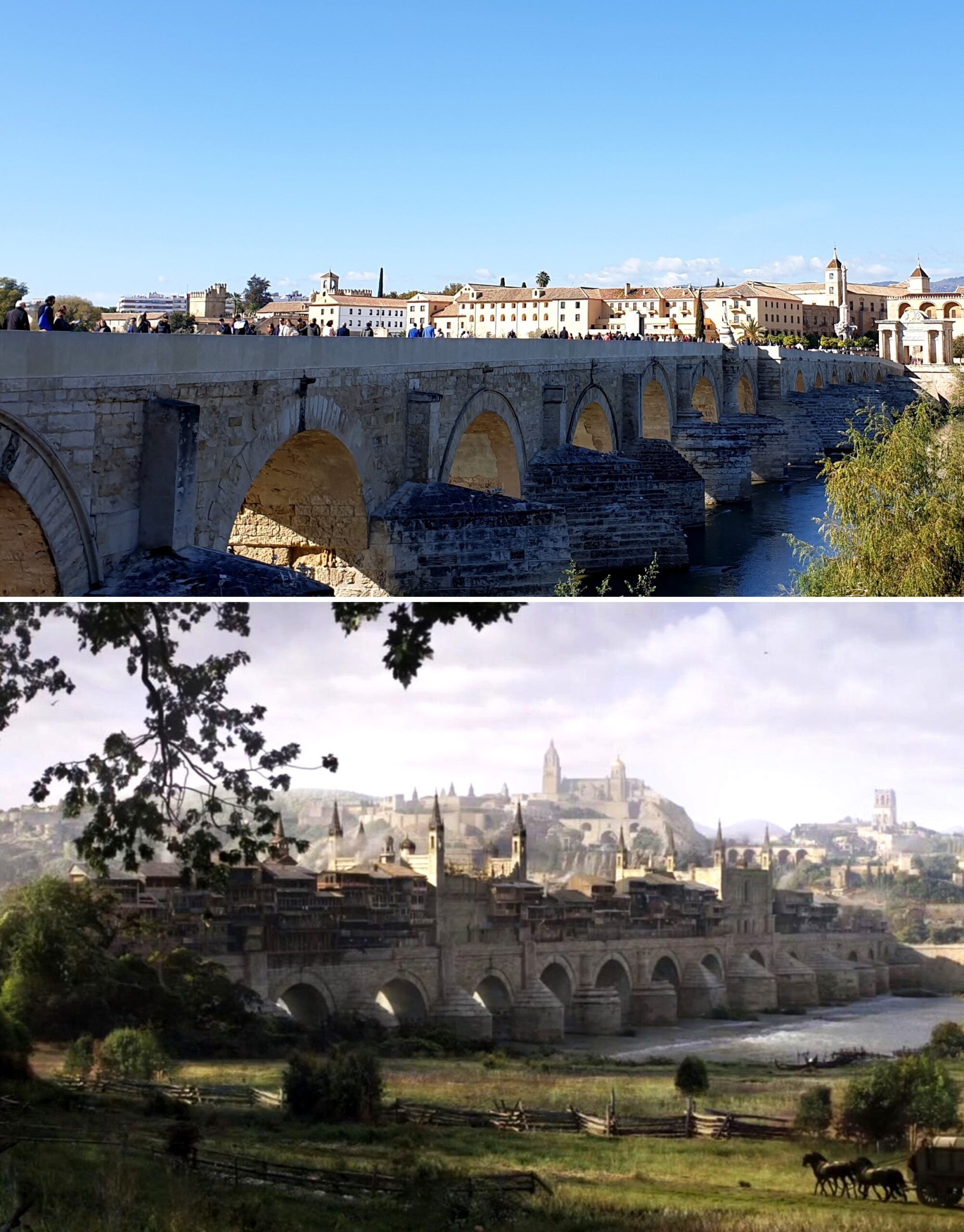 In foto si vede il ponte romano della città di Cordova in Andalusia; l'immagine è sovrapposta a quella del ponte di Volantis nella serie il trono di spade