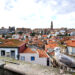 Foto del panorama sui tetti rossi di Porto, con un gabbiano in primo piano. In lontananza si vede la torre dei chierici