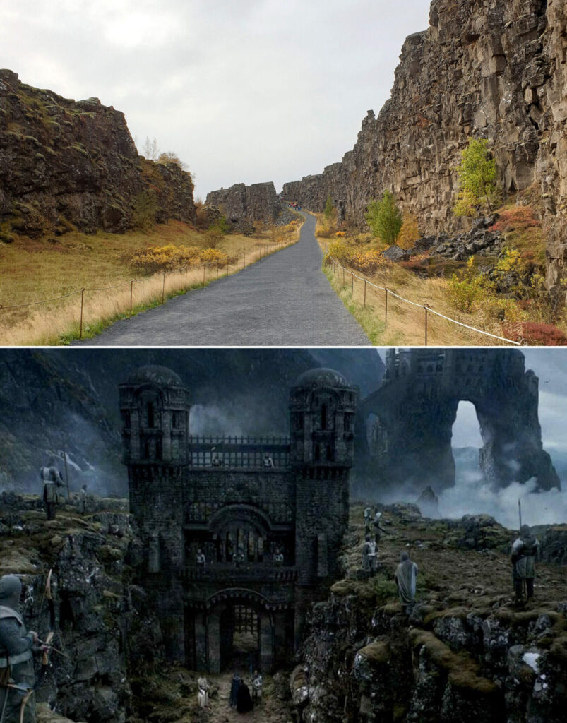 In foto si vede una strada all'interno del parco nazionale di Thingvellir, sovrapposta ad una scena del trono di spade girata proprio in quel parco