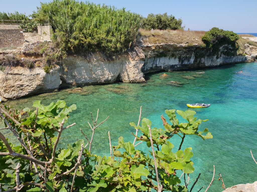 La baia di grotta della monaca, una zona semicircolare circondata da albero di fico e con un mare verde e limpido, una delle zone più belle del Salento Costa Adriatica