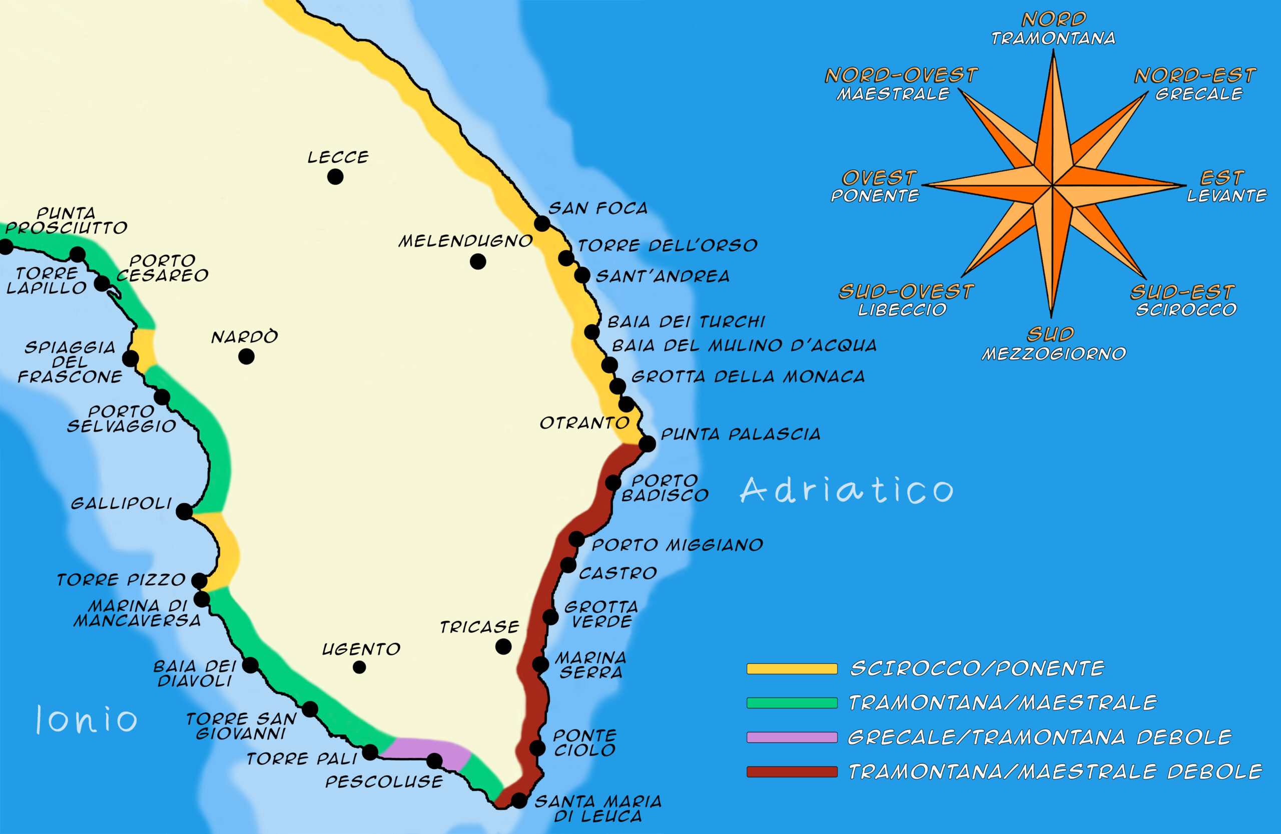 Cartina del Salento con diversi colori per i vari venti