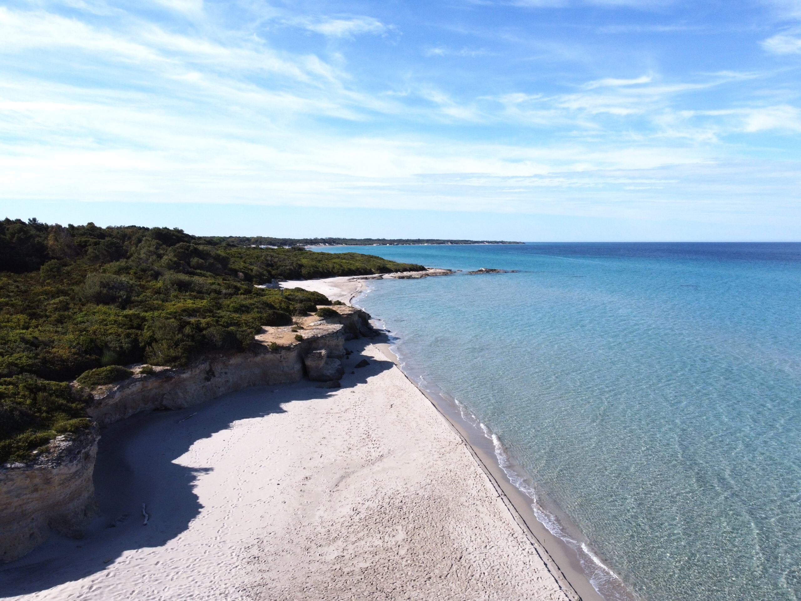 una foto scattata dall'alto della Baia dei turchi, in Salento costa Adriatica, e che inquadra un tratto di pineta ed il mare, calmo e cristallino