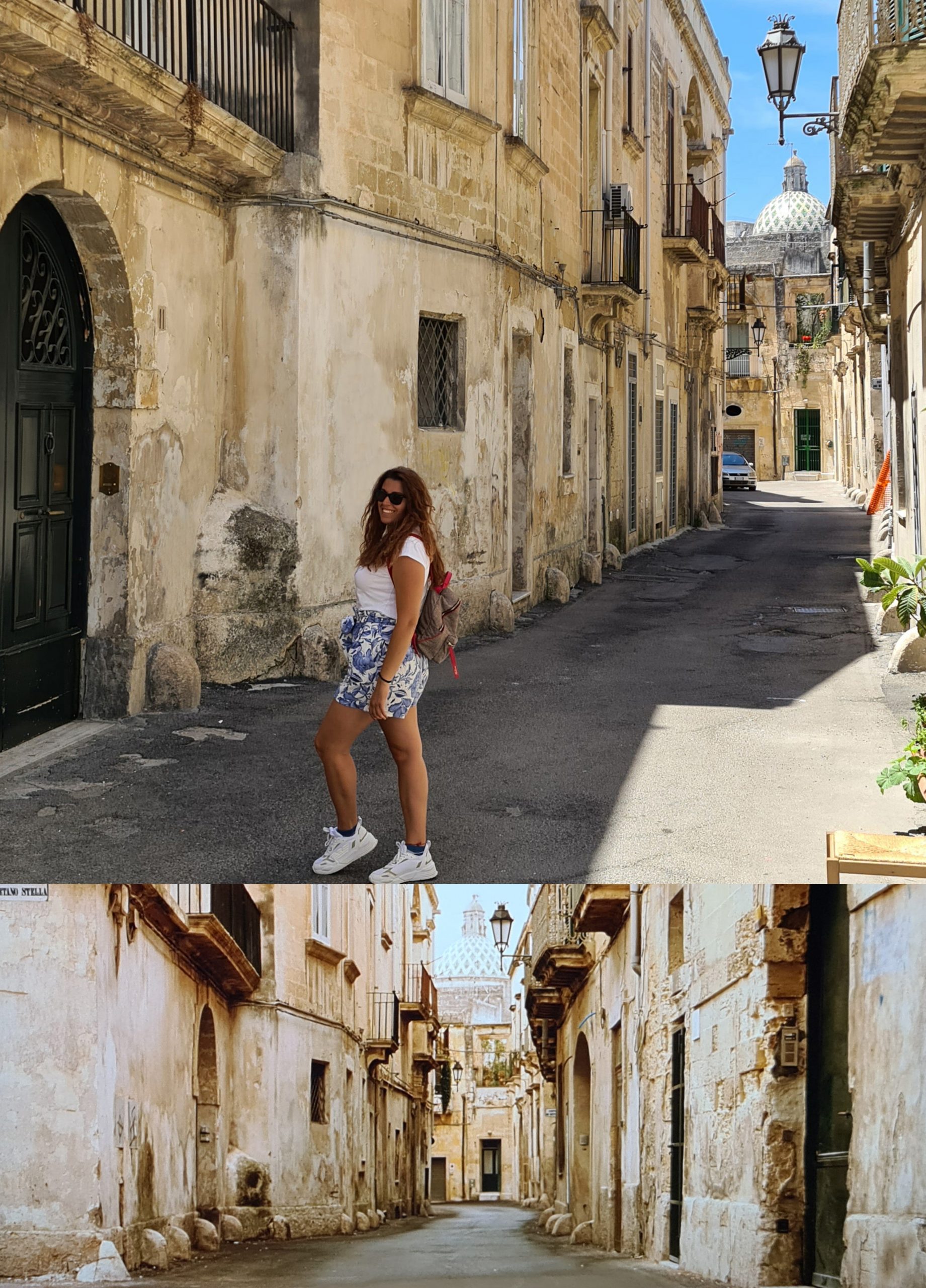 Carlotta sorridente, con pantaloncini e occhiali da sole, in un vicolo molto caratteristico di Lecce