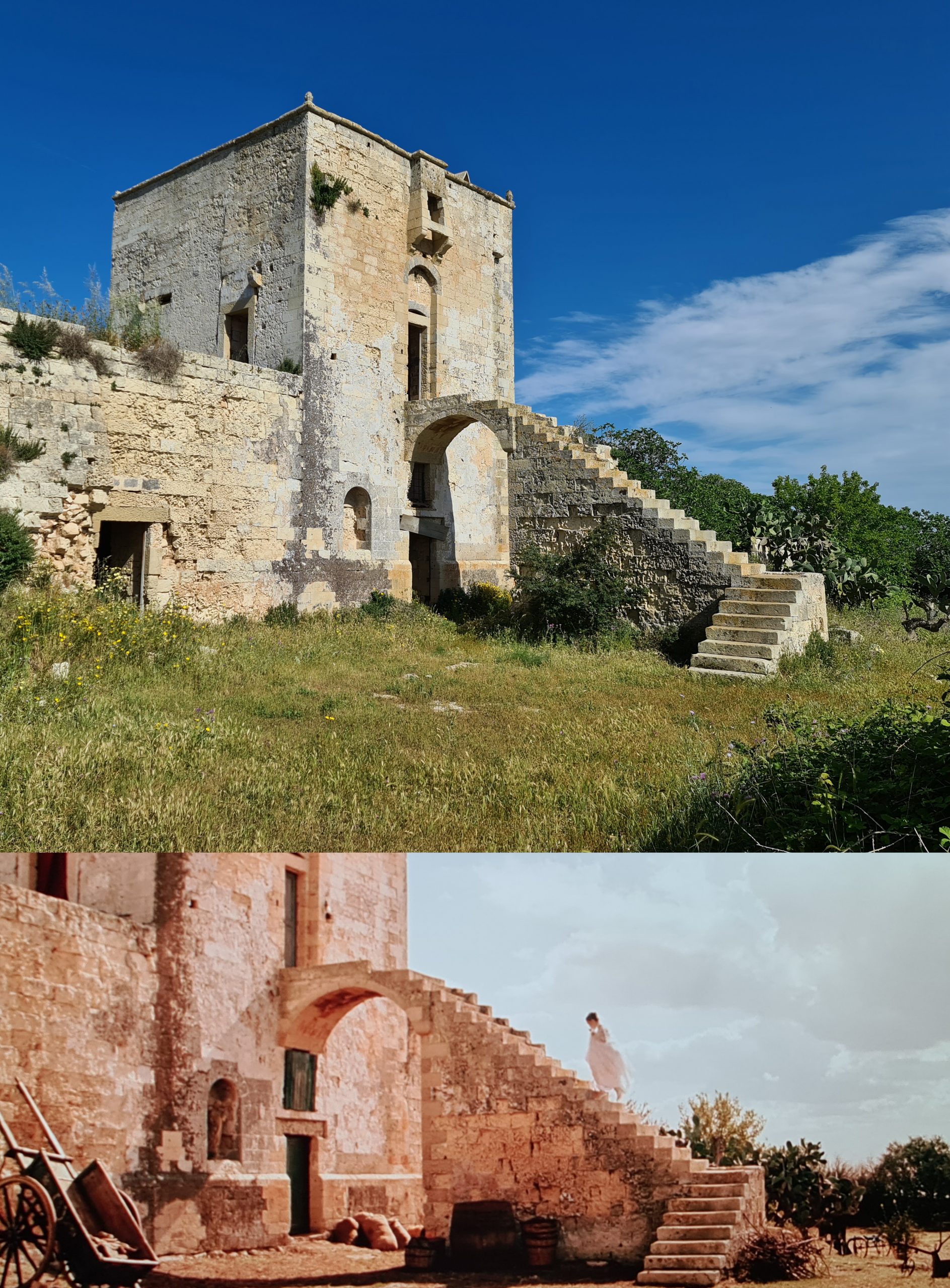 Una foto di Masseria Cippano, con la sua caratteristica scalinata ad arco che porta al piano di sopra