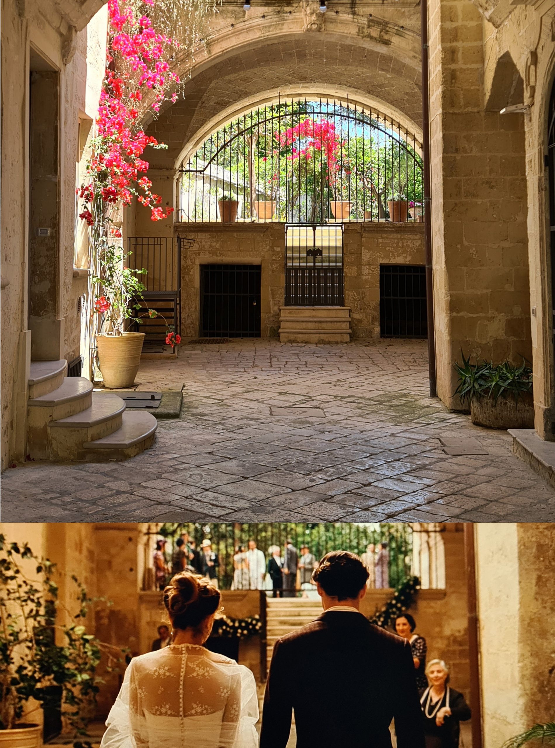 Il bellissimo atrio di Palazzo Brunetti a Lecce, con fiori rosa e un cancello che lascia intravedere il giardino