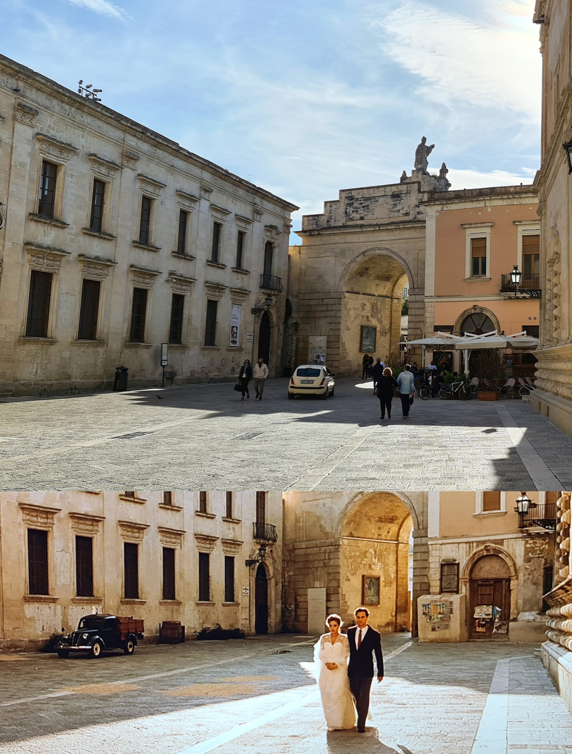 Lecce itinerario, si parte da Porta Rudiae, una delle porte della città, con una statua di Sant'Oronzo all'ingresso. Qui è ambientata una scena del film