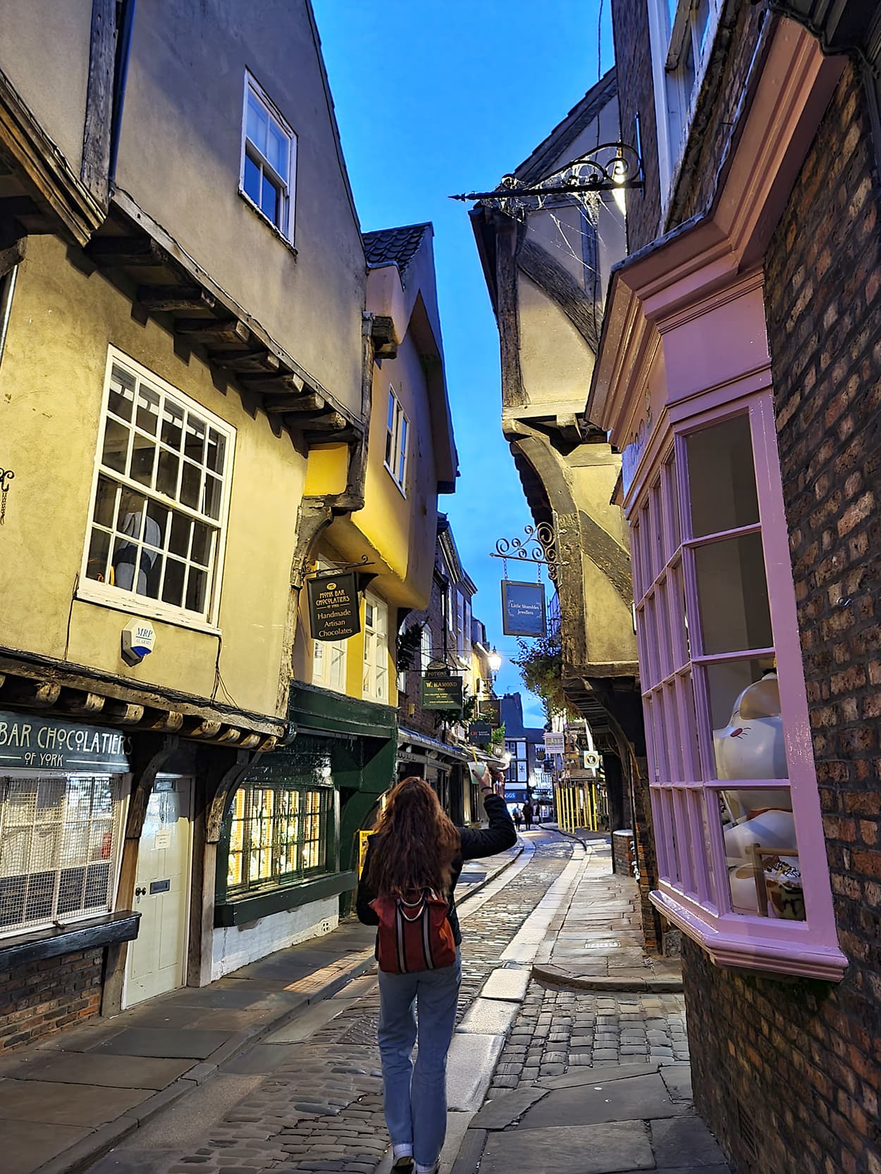 In foto si vede Carlotta di spalle mentre cammina su Shambles street, una strada medievale di york, con gli edifici storti e caratteristici.